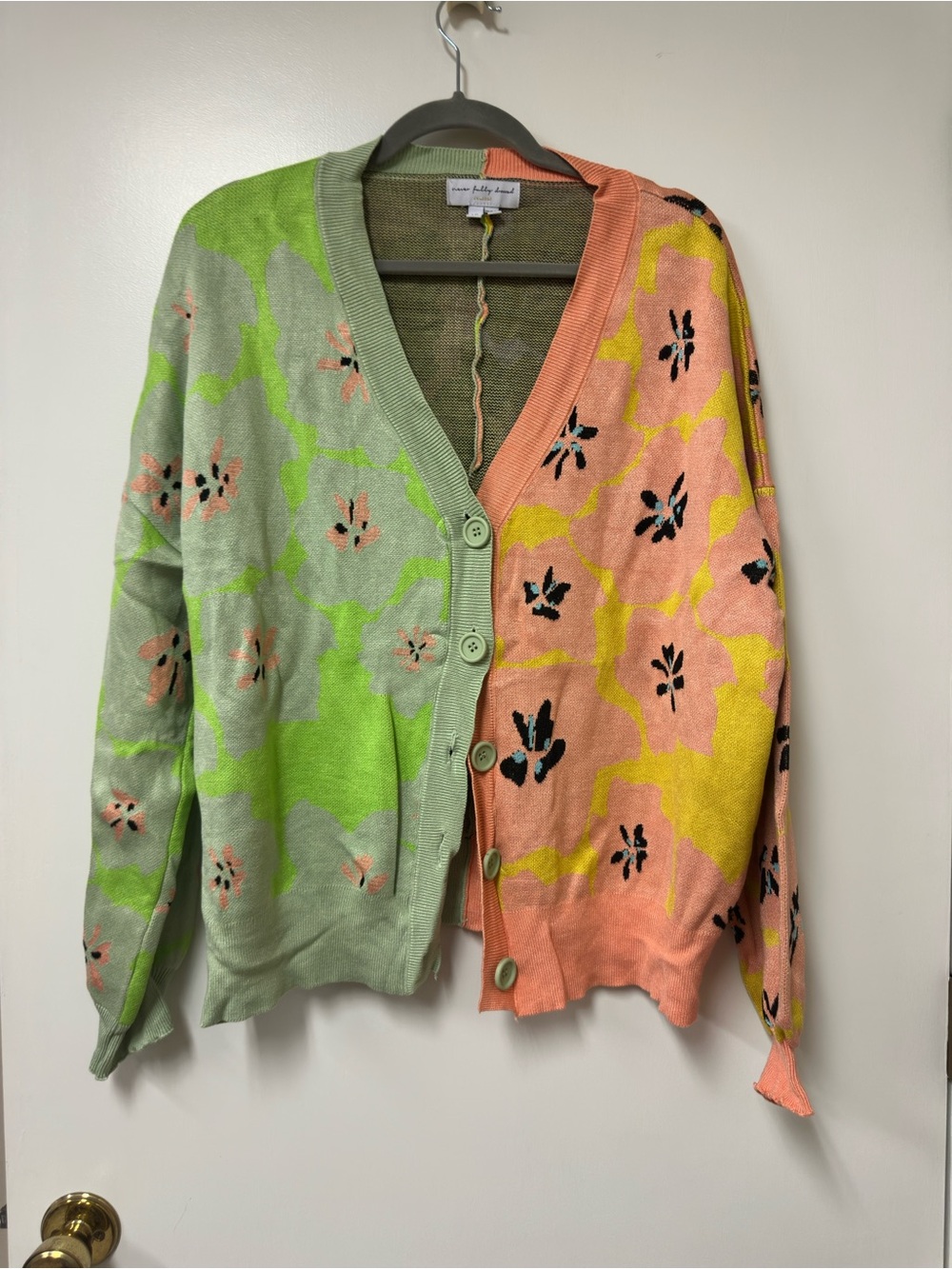 Never Fully Dressed Green Pink Floral Colorblock V-Neck Cardigan
